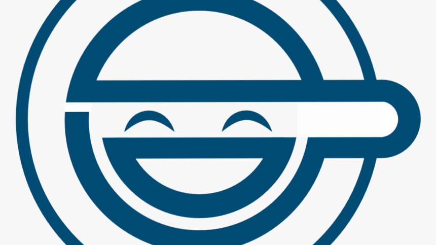 Blue-and-white Laughing Man emblem: a smiling face inside concentric circles, with a long horizontal hat brim.