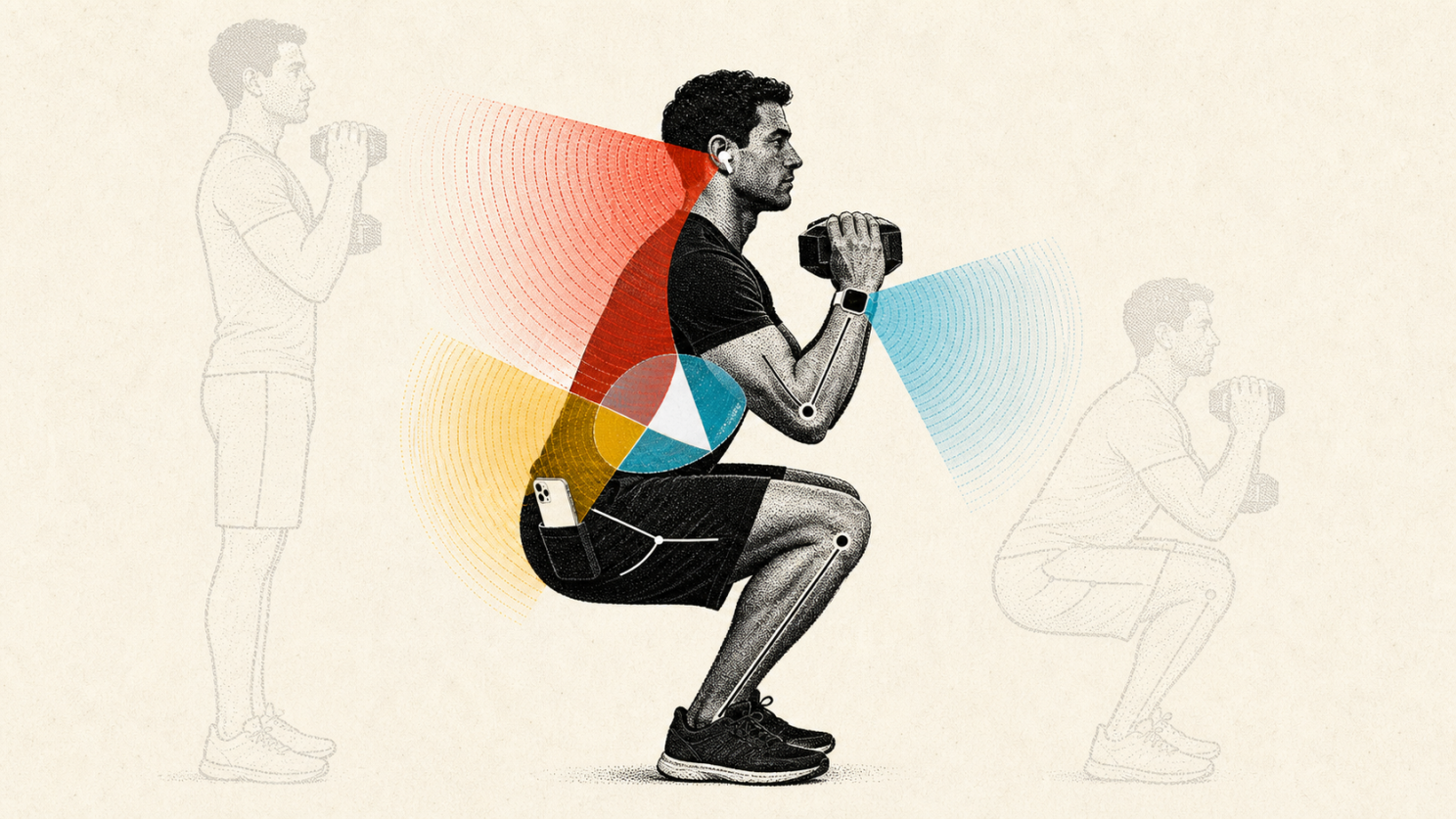 Illustration of a dumbbell squat, with earbuds, a wristwatch and a phone in a shorts pocket. Colored arcs and joint markers depict distributed motion sensing.