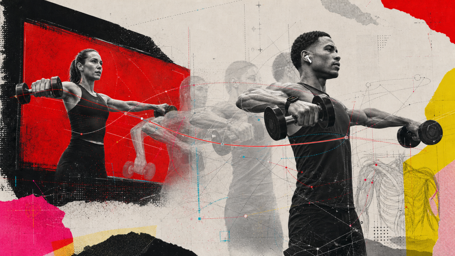 Collage of two people performing dumbbell lateral raises, with earbuds, a wristwatch, joint markers and colored movement traces.