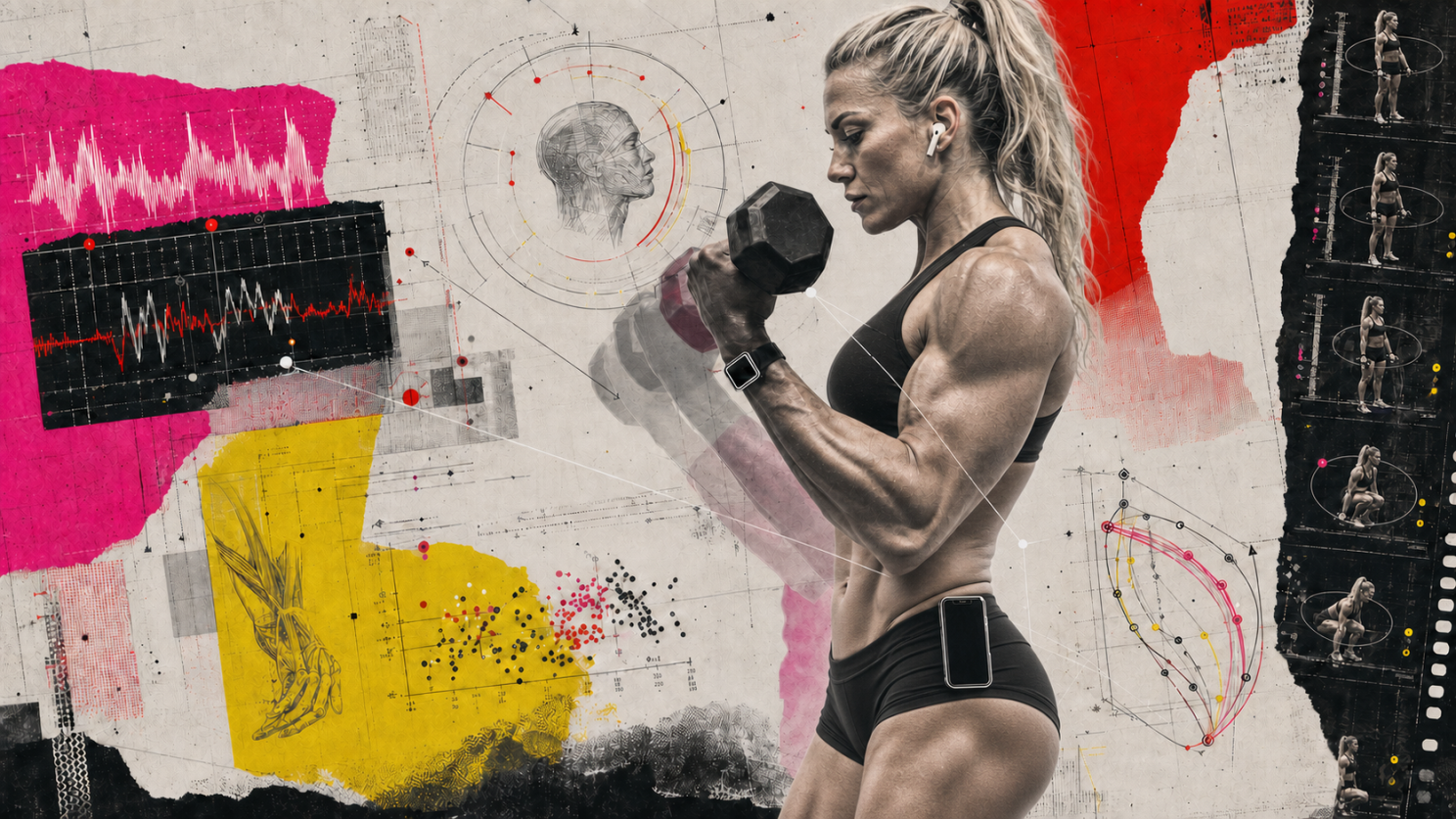 Illustration of a person curling a dumbbell while wearing earbuds, a wristwatch and a phone at the hip, alongside signal traces, an anatomical sketch and a sequence of squat positions.