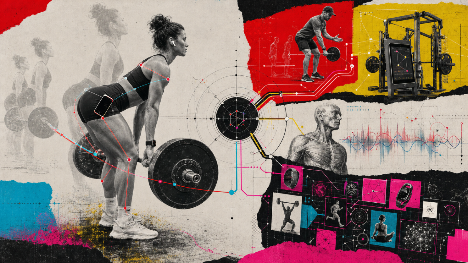 Collage of a barbell deadlift, a wristwatch, earbuds and a phone, connected by colored joint markers to gym equipment, signal traces and an anatomical sketch.