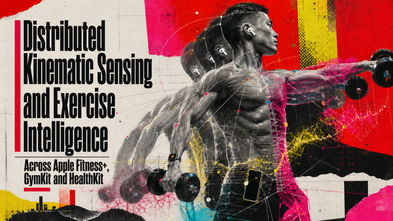 Cover illustration of a dumbbell lateral raise and overlaid movement phases beside the title Distributed Kinematic Sensing and Exercise Intelligence Across Apple Fitness+, GymKit and HealthKit.