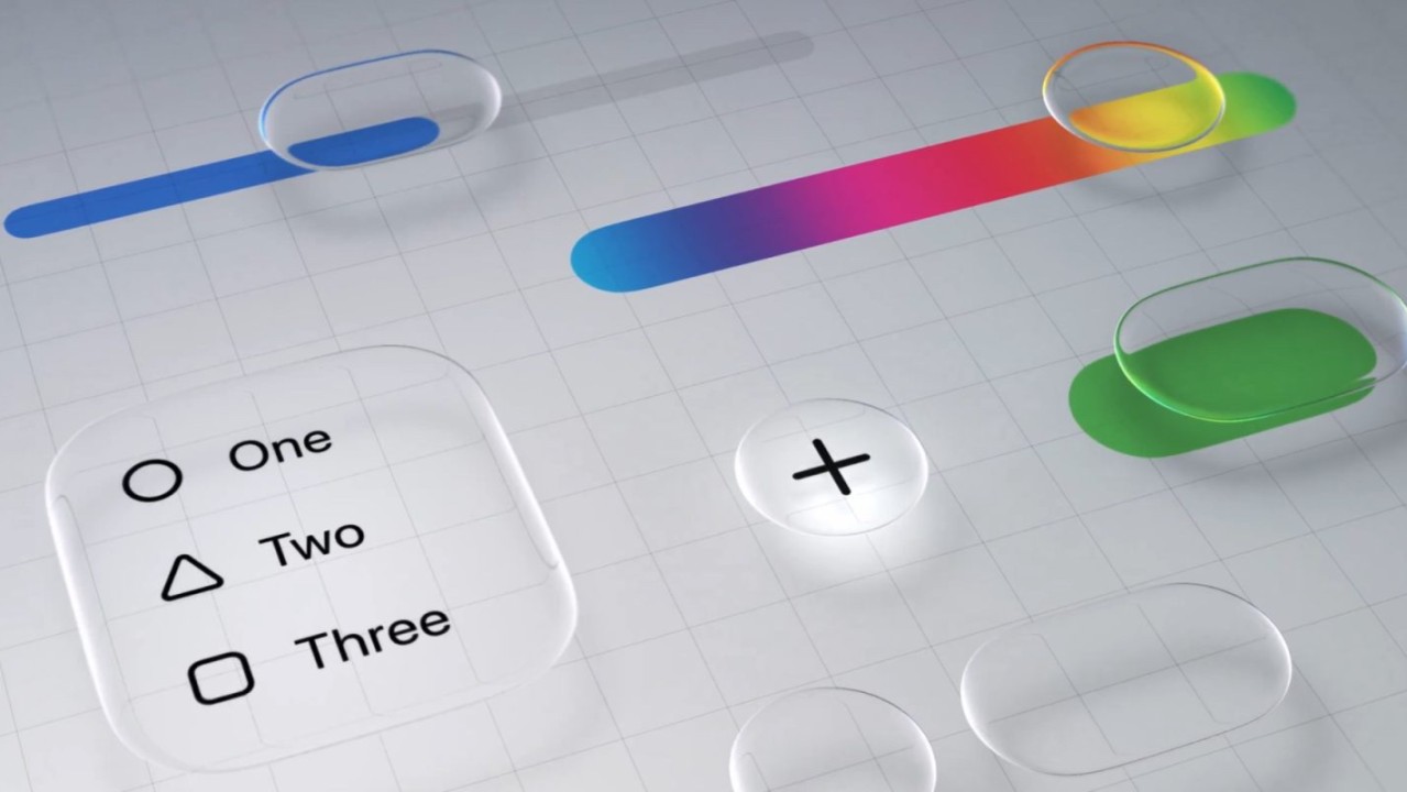 Translucent rounded sliders, a green toggle, a plus button and a shape-selection panel labeled One, Two and Three, over a pale grid.