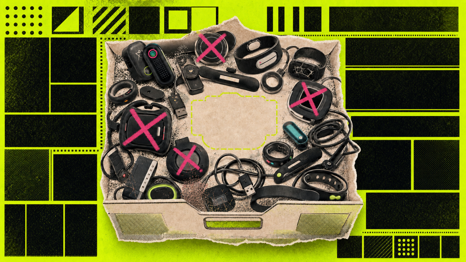 Illustrated drawer filled with wearable sensors, rings, watches and cables. Pink crosses mark several devices, surrounding an empty outlined space in the center.