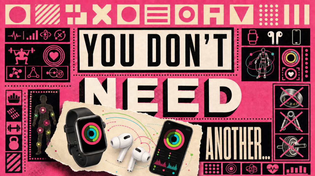 Pink cover collage with the words You Don't Need Another, a watch, wireless earbuds and a phone displaying activity graphics, surrounded by fitness symbols and crossed-out accessories.