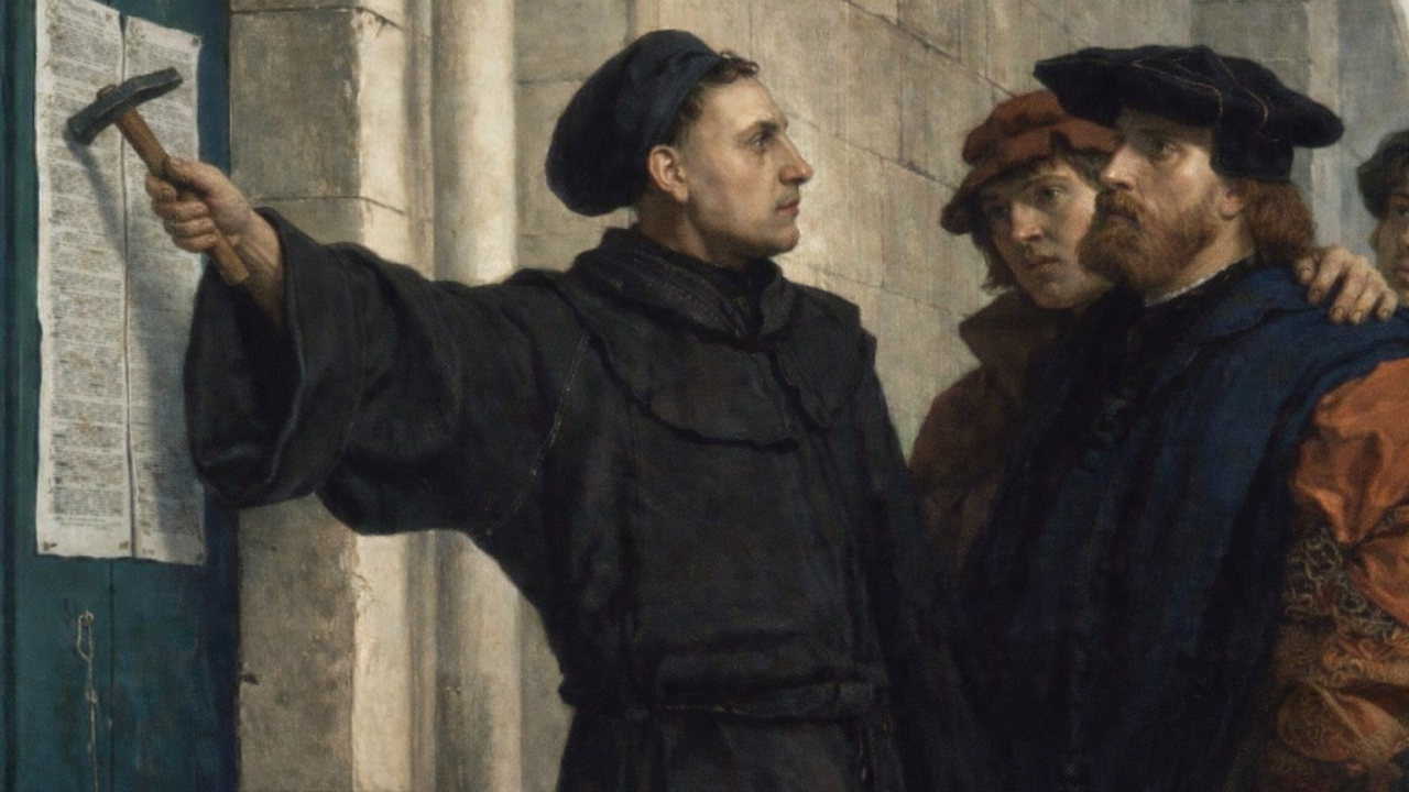 Painting of a man pinning a printed document to a door while two onlookers stand beside him.