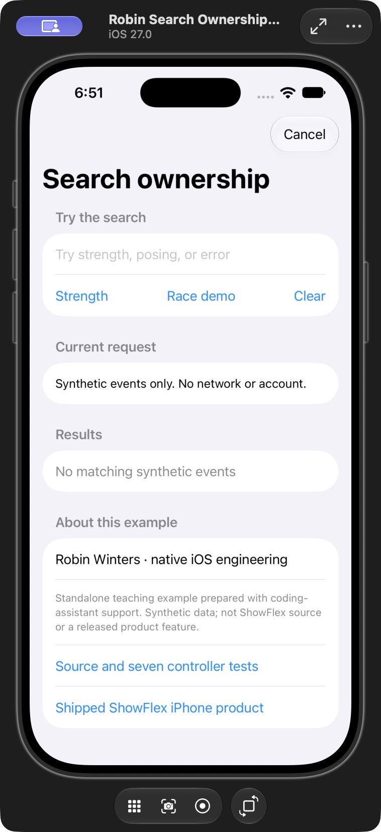 Initial native SwiftUI teaching demo in Xcode Device Hub, with empty results and search controls