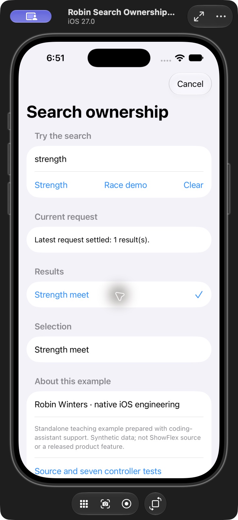 Strength search result selected, with a checkmark and Strength meet displayed in the Selection section