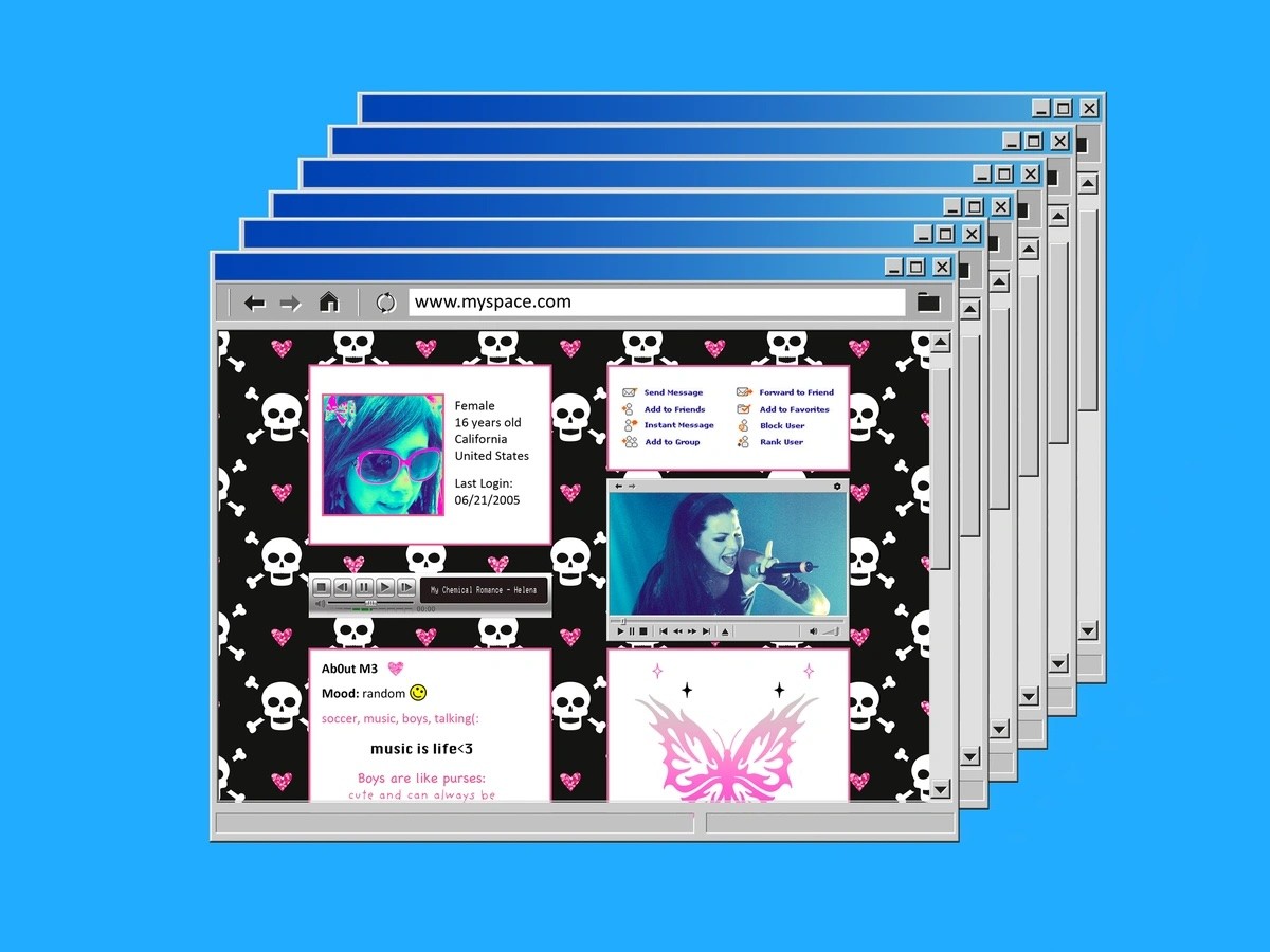 Stacked browser windows showing a customized Myspace profile with skull-and-heart wallpaper, a profile photo, music player, video and personal panels.