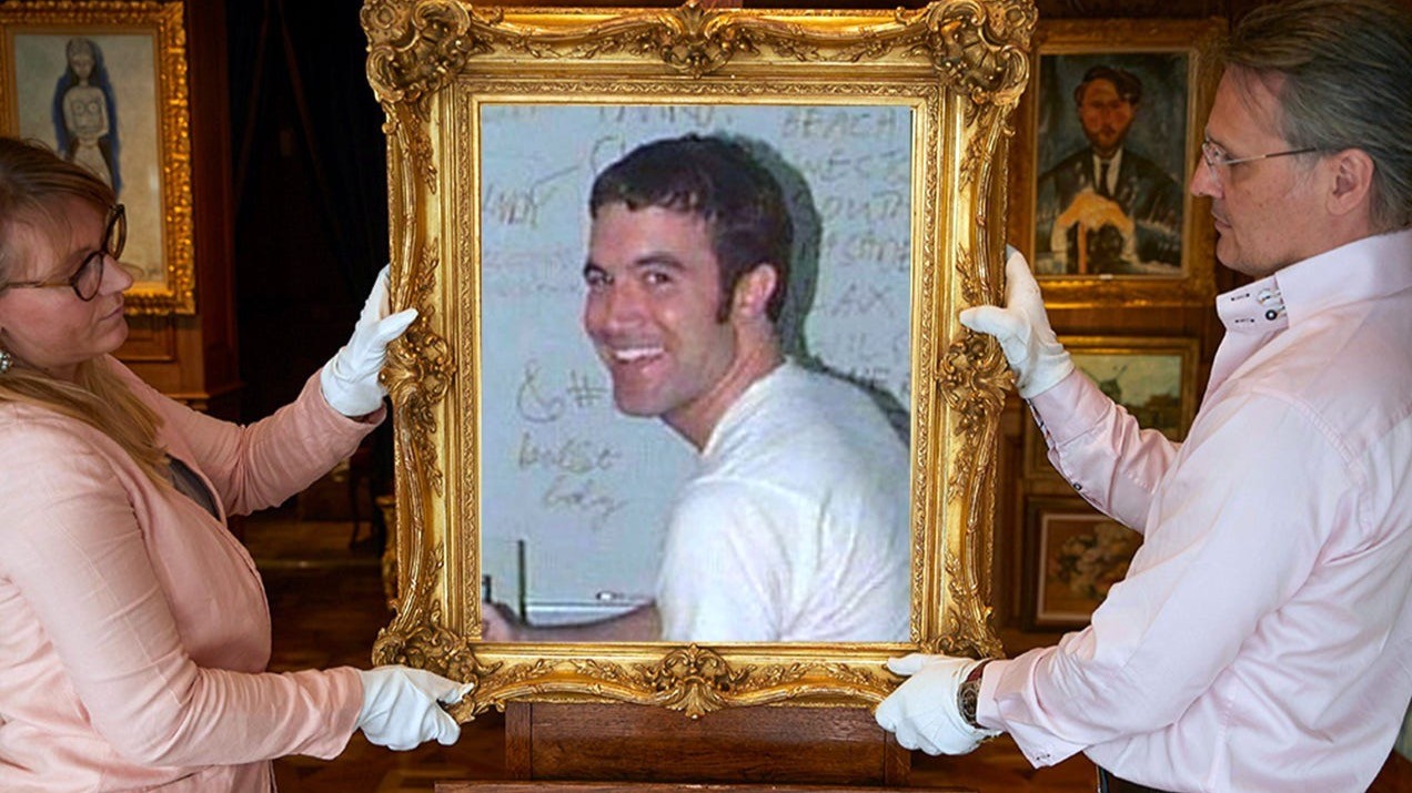Photo montage of two people wearing white gloves holding an ornate gold frame around a familiar Myspace profile portrait.